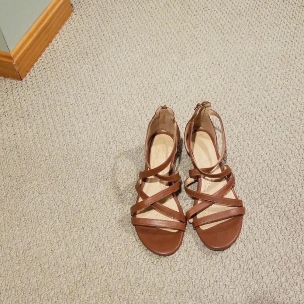 Camel or brown leather gladiator sandals.